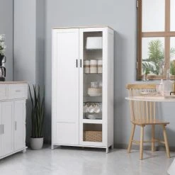 Alternative view of HOMCOM Armoire 2 Portes - 7 étagères - Blanc Aspect Chêne Clair Verre