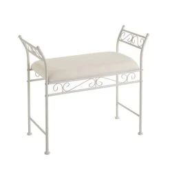 LolaHome Banquette En Métal Blanc Et Assise Rembourrée Coton Beige 73x30x65.5cm