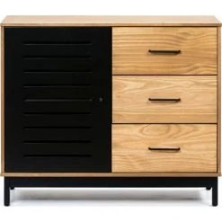 HOMIFAB Buffet 1 Porte 3 Tiroirs Effet Bois / Noir 95 Cm
