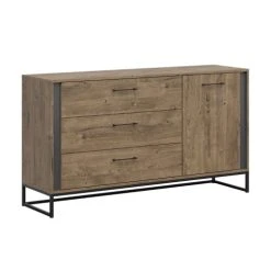 Petits Meubles Buffet 1 Porte 3 Tiroirs JaRouge Naturel Et Gris Anthracite
