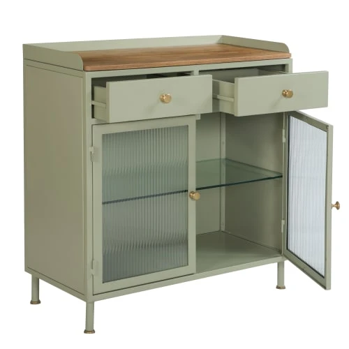 Rendez Vous Déco Buffet 2 Porte 2 Tiroirs En Métal Vert, Manguier Et Verre 3 Rendez Vous Déco Buffet 2 Porte 2 Tiroirs En Métal Vert, Manguier Et Verre – Image 3