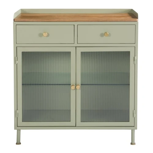 Rendez Vous Déco Buffet 2 Porte 2 Tiroirs En Métal Vert, Manguier Et Verre 1 Rendez Vous Déco Buffet 2 Porte 2 Tiroirs En Métal Vert, Manguier Et Verre