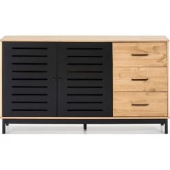 HOMIFAB Buffet 2 Portes 3 Tiroirs Effet Bois / Noir 141 Cm