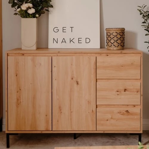 HOMIFAB Buffet 2 Portes 3 Tiroirs Effet Chêne 120 Cm 2 HOMIFAB Buffet 2 Portes 3 Tiroirs Effet Chêne 120 Cm – Image 2