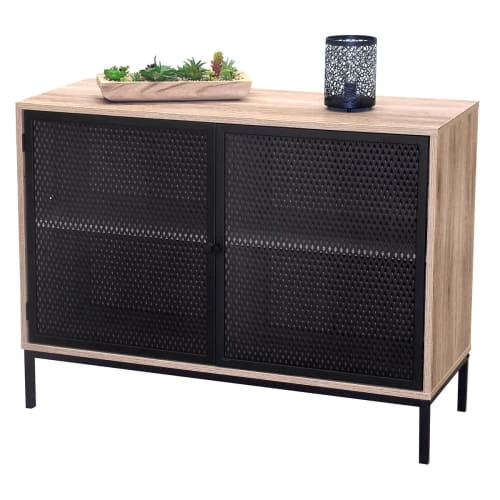 Fornord Buffet 2 Portes Bois Et Métal Grillagé Noir 2 Fornord Buffet 2 Portes Bois Et Métal Grillagé Noir – Image 2