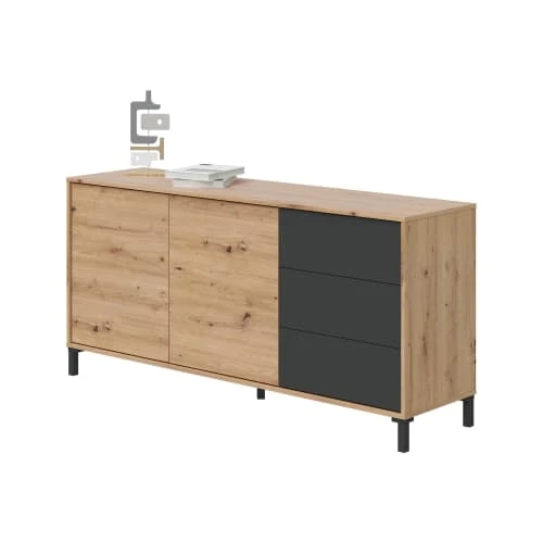 Dmora Buffet 2 Portes Effet Bois Chêne Et Anthracite 4 Dmora Buffet 2 Portes Effet Bois Chêne Et Anthracite – Image 4