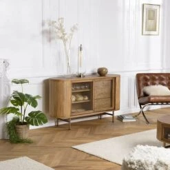 MACABANE Buffet 2 Portes En Verre 3 Tiroirs En Peuplier Couleur Naturelle -Boutique Maisons du Monde buffet 2 portes en verre 3 tiroirs en peuplier couleur naturelle 3