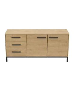 CALICOSY Buffet 2 Portes Et 3 Tiroirs Décor Chêne Hamilton Et Noir Mat