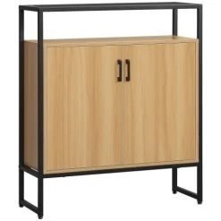 HOMCOM Buffet 2 Portes étagères Verre Trempé Fumé Métal Noir Aspect Bois