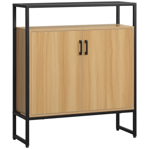 HOMCOM Buffet 2 Portes étagères Verre Trempé Fumé Métal Noir Aspect Bois 1 HOMCOM Buffet 2 Portes étagères Verre Trempé Fumé Métal Noir Aspect Bois