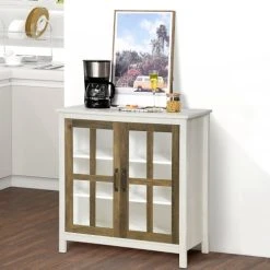 Alternative view of HOMCOM Buffet 2 Portes Vitrine Verre 2 étagères Bois Blanc Effet Céruse