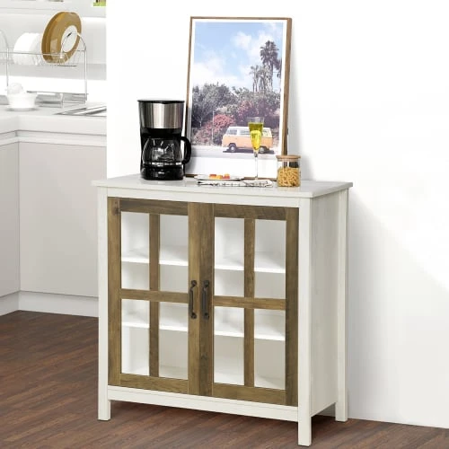 HOMCOM Buffet 2 Portes Vitrine Verre 2 étagères Bois Blanc Effet Céruse 2 HOMCOM Buffet 2 Portes Vitrine Verre 2 étagères Bois Blanc Effet Céruse – Image 2