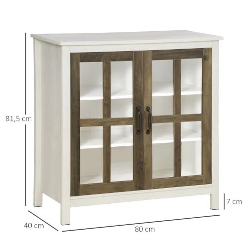 HOMCOM Buffet 2 Portes Vitrine Verre 2 étagères Bois Blanc Effet Céruse 3 HOMCOM Buffet 2 Portes Vitrine Verre 2 étagères Bois Blanc Effet Céruse – Image 3