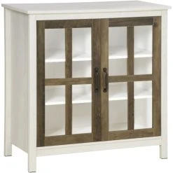 HOMCOM Buffet 2 Portes Vitrine Verre 2 étagères Bois Blanc Effet Céruse
