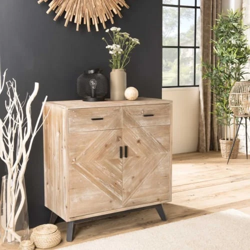 MACABANE Buffet 2 Tiroirs 2 Portes Beige Pieds En Sapin Noir 4 MACABANE Buffet 2 Tiroirs 2 Portes Beige Pieds En Sapin Noir – Image 4
