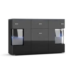 Petits Meubles Buffet 3 Portes 1 Tiroir Avec Led Danae Noir