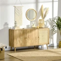 Alternative view of HOMCOM Buffet 3 Portes 3 étagères Style Bohème Aspect Bois Clair Cannage