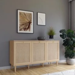 HOMIFAB Buffet 3 Portes En Cannage Et Effet Chêne 150 Cm -Boutique Maisons du Monde buffet 3 portes en cannage et effet chene 150 cm 2