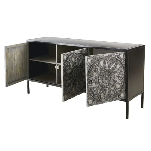 Maisons Du Monde Buffet 3 Portes En Métal Et Manguier Noir Sculpté 2 Maisons Du Monde Buffet 3 Portes En Métal Et Manguier Noir Sculpté – Image 2