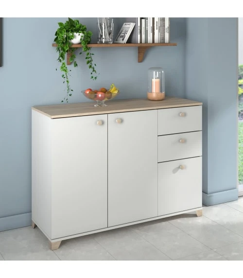 CALICOSY Buffet 3 Portes Et 2 Tiroirs Décor Chêne Kronberg Et Blanc L119,6 Cm 2 CALICOSY Buffet 3 Portes Et 2 Tiroirs Décor Chêne Kronberg Et Blanc L119,6 Cm – Image 2