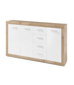CALICOSY Buffet 3 Portes Et 4 Tiroirs L152cm - Blanc Et Contour Effet Chêne