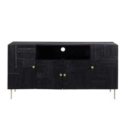 Rendez Vous Déco Buffet 4 Portes En Bois Gravé Noir Et Métal Doré