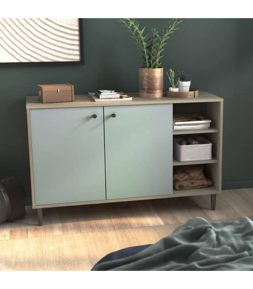 CALICOSY Buffet Avec 2 Portes Et 3 Niches - L110cm - Bois / Vert 2 CALICOSY Buffet Avec 2 Portes Et 3 Niches - L110cm - Bois / Vert – Image 2