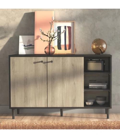 CALICOSY Buffet Avec 2 Portes Et 3 Niches - L110cm - Noir/bois 2 CALICOSY Buffet Avec 2 Portes Et 3 Niches - L110cm - Noir/bois – Image 2