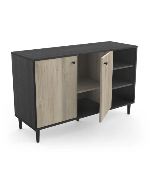 CALICOSY Buffet Avec 2 Portes Et 3 Niches - L110cm - Noir/bois 5 CALICOSY Buffet Avec 2 Portes Et 3 Niches - L110cm - Noir/bois – Image 5