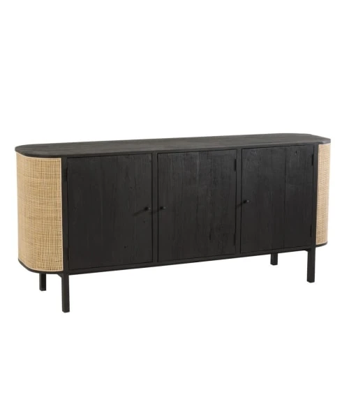 CALICOSY Buffet Avec 3 Portes En Bois Exotique Et Rotin Noir 2 CALICOSY Buffet Avec 3 Portes En Bois Exotique Et Rotin Noir – Image 2