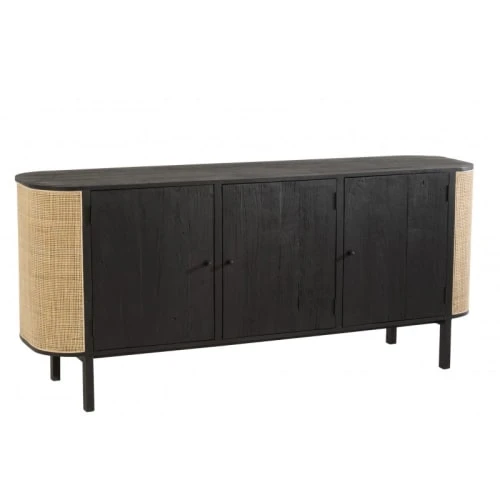 CALICOSY Buffet Avec 3 Portes En Bois Exotique Et Rotin Noir 1 CALICOSY Buffet Avec 3 Portes En Bois Exotique Et Rotin Noir