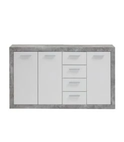 CALICOSY Buffet Avec 3 Portes Et 4 Tiroirs L152 Cm - Gris Béton