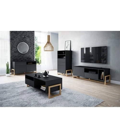 CALICOSY Buffet Bas 2 Portes 1 Tiroir Avec Pieds En Hêtre L119 Cm - Noir 4 CALICOSY Buffet Bas 2 Portes 1 Tiroir Avec Pieds En Hêtre L119 Cm - Noir – Image 4