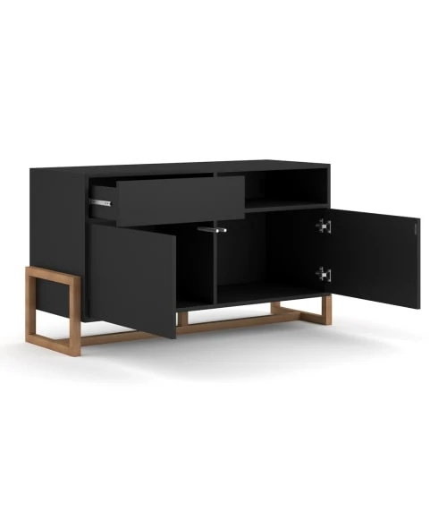 CALICOSY Buffet Bas 2 Portes 1 Tiroir Avec Pieds En Hêtre L119 Cm - Noir 5 CALICOSY Buffet Bas 2 Portes 1 Tiroir Avec Pieds En Hêtre L119 Cm - Noir – Image 5