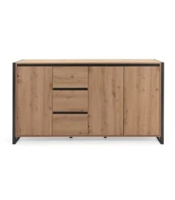 CALICOSY Buffet Bas 3 Portes 3 Tiroirs L160 Cm - Décor Bois Clair