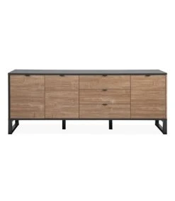 CALICOSY Buffet Bas 3 Portes 3 Tiroirs L175 Cm - Gris Foncé Et Effet Bois
