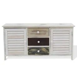 Mobili Rebecca Buffet Bas Avec 3 Tiroirs 2 Portes En Bois Blanc Antique
