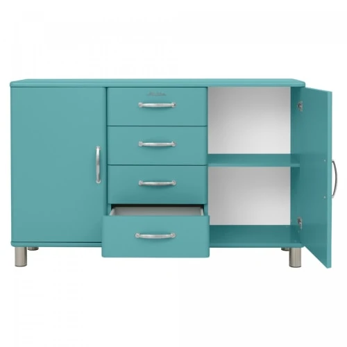 Meubles & Design Buffet Bas Style Rétro 2 Placards 4 Tiroirs Bleu 3 Meubles & Design Buffet Bas Style Rétro 2 Placards 4 Tiroirs Bleu – Image 3