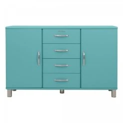 Meubles & Design Buffet Bas Style Rétro 2 Placards 4 Tiroirs Bleu