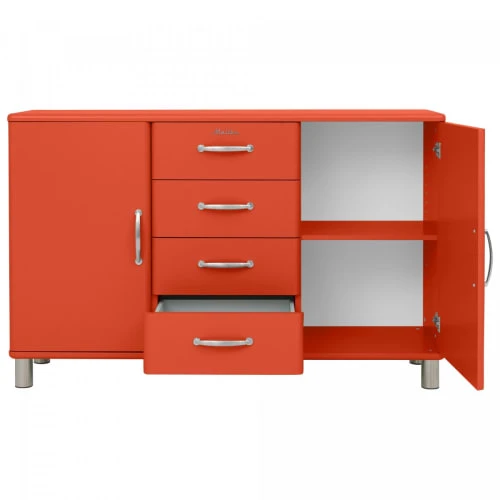 Meubles & Design Buffet Bas Style Rétro 2 Placards 4 Tiroirs Orange 2 Meubles & Design Buffet Bas Style Rétro 2 Placards 4 Tiroirs Orange – Image 2