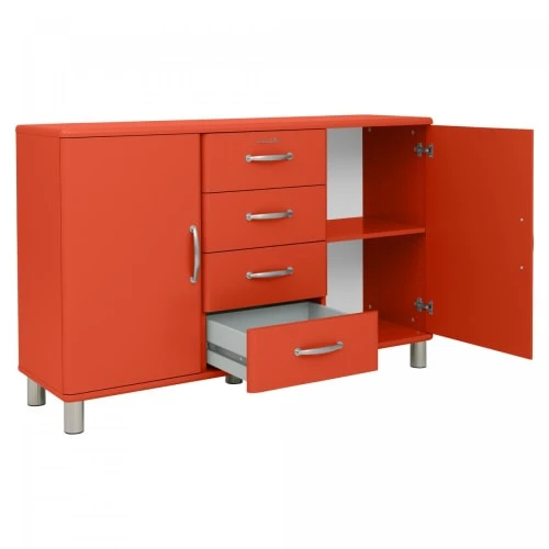 Meubles & Design Buffet Bas Style Rétro 2 Placards 4 Tiroirs Orange 3 Meubles & Design Buffet Bas Style Rétro 2 Placards 4 Tiroirs Orange – Image 3