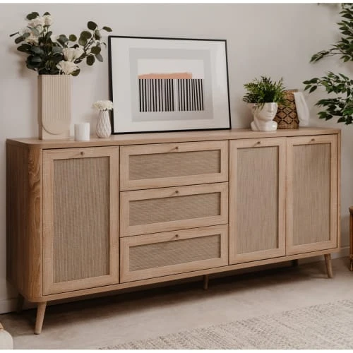 HOMIFAB Buffet Cannage Et Effet Bois Naturel 175 Cm 2 HOMIFAB Buffet Cannage Et Effet Bois Naturel 175 Cm – Image 2