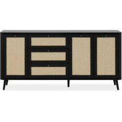 HOMIFAB Buffet Cannage Et Effet Bois Noir 175 Cm