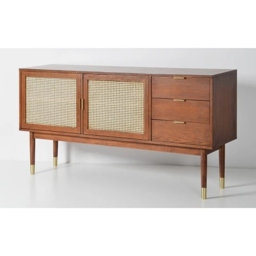 Drawer Buffet Design 2 Portes 3 Tiroirs Bois Et Cannage L170cm Bois Foncé 2 Drawer Buffet Design 2 Portes 3 Tiroirs Bois Et Cannage L170cm Bois Foncé – Image 2