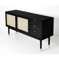 Alternative view of Drawer Buffet Design 2 Portes 3 Tiroirs Bois Et Cannage L170cm Noir
