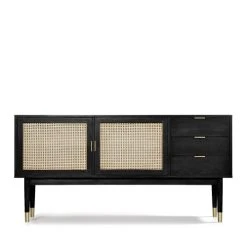 Drawer Buffet Design 2 Portes 3 Tiroirs Bois Et Cannage L170cm Noir