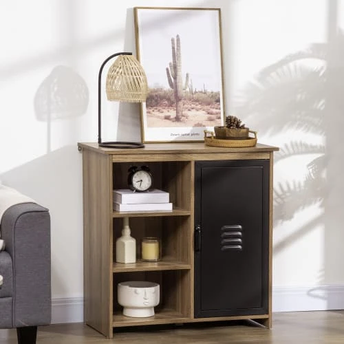 HOMCOM Buffet Design Industriel 3 Niches Placard Aspect Bois Métal Noir 2 HOMCOM Buffet Design Industriel 3 Niches Placard Aspect Bois Métal Noir – Image 2