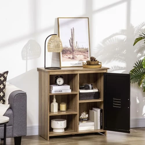 HOMCOM Buffet Design Industriel 3 Niches Placard Aspect Bois Métal Noir 4 HOMCOM Buffet Design Industriel 3 Niches Placard Aspect Bois Métal Noir – Image 4