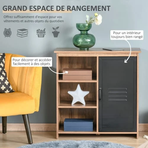 HOMCOM Buffet Design Industriel 3 Niches Placard Aspect Bois Métal Noir 5 HOMCOM Buffet Design Industriel 3 Niches Placard Aspect Bois Métal Noir – Image 5