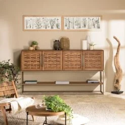 Alternative view of MACABANE Buffet En Bois De Teck Recyclé 4 Portes En Tissage De Bambou